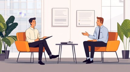 Fototapeta premium Professional Office Meeting: Two Businessmen Engaged in Discussion, Sitting in Modern Chairs with Potted Plants and Minimalist Decor in Bright Workspace.
