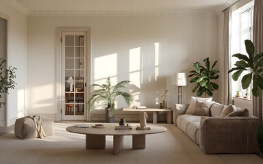 Beige couch and a green plant in a modern living room with natural light  perfect for minimalist home decor inspiration   