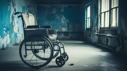 Fototapeta premium AI generator image of hospital,teddy bear, wheelchair,camera,greenlight,lonely