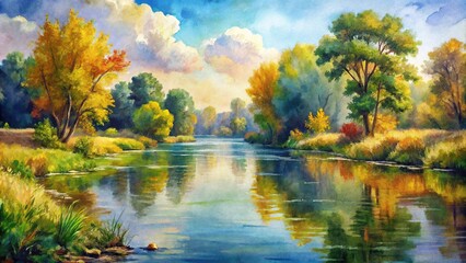 Obraz premium Watercolor painting, river landscape, impressionist style, close-up