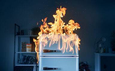 Blue refrigerator engulfed in orange flames  a humorous and surreal take on kitchen disasters   