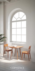 Minimalist white room with wooden chairs and table  perfect for interior design and home decor   
