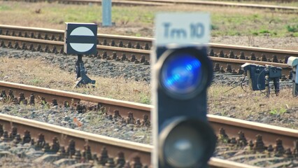 Railroad Track Junction Mechanical Indicator with Signal Dwarf Semaphore with Blue Light...
