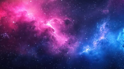 Obraz premium A vibrant nebula with pink and blue gas clouds, scattered with stars against a dark background.