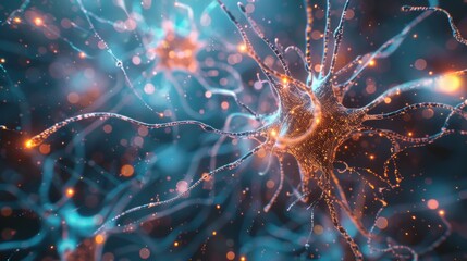 A futuristic depiction of brain cells with digital and holographic elements