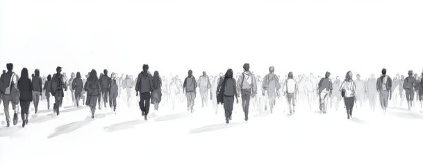 Obraz premium A large group of people walking in the same direction, simple line drawing, white background, black and gray tones, cartoon style Generative AI