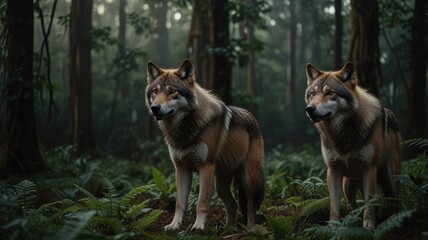 Obraz premium Two grey wolves stand in a dense forest, looking out at the viewer with caution.