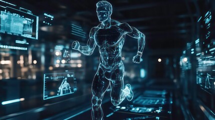 A transparent digital representation of a male athlete running with data visualizations in the background.