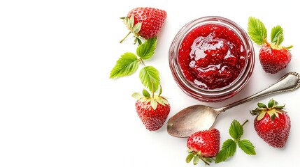  A jar of strawberry jam with a spoon beside it and strawberries surrounding the jar