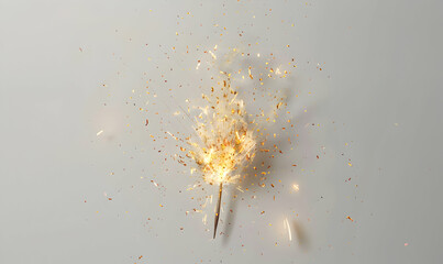 A single sparkler with many golden sparks flying off of it on a white background.