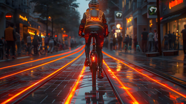 Futuristic pedestrian district with self-driving bikes, smart walkways that charge electric devices, and eco-friendly urban design promoting a green lifestyle