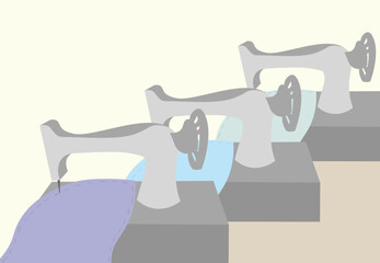Vector Illustration of Factory Sewing Machines in a Textile Line -  industrial efficiency and production workflow in the garment making process.