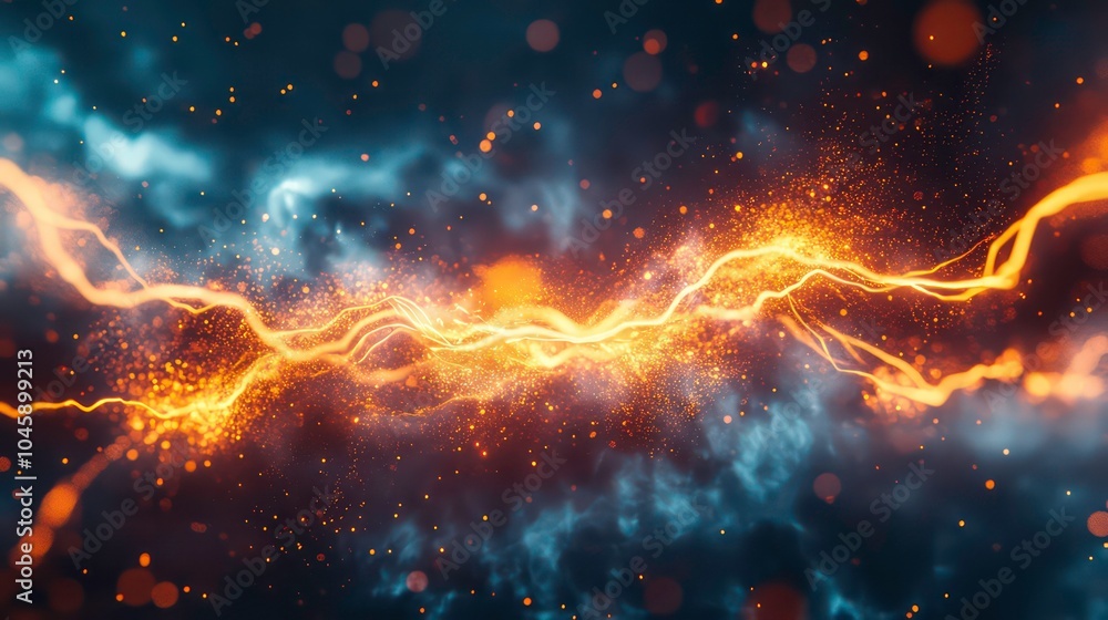 Poster abstract digital art with glowing orange and blue lines on a dark background with particles.