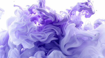 Fototapeta premium Abstract purple and white ink swirling in water, creating a dynamic and fluid design against a white background.