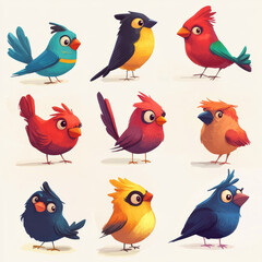 A collection of colorful cartoon birds perfect for kids. They are all different and look happy. The drawings are simple and easy to understand.