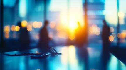 Fototapeta premium Silhouettes of Business Professionals in a Modern Office at Sunset, with a Focus on Glasses Resting on a Conference Table, Creating a Serene Atmosphere.