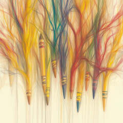 Obraz premium Abstract colorful crayons with flowing tree-like branches AI generated