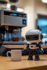 Smart Coffee Robot: A Cute Robot Figure Next to a Coffee Machine, Holding a White Mug on a Wooden Table in a Modern CafÃ© Setting