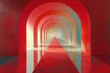 Fototapeta premium Vibrant geometric corridor with arched ceilings creating a mesmerizing visual depth.