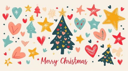 Whimsical Christmas Tree and Hearts with Stars in a Festive Flat Design