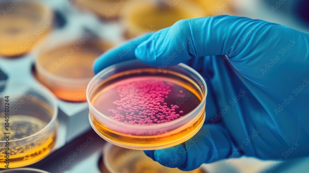 Poster a researcher in a lab wears gloves while analyzing a colorful petri dish containing a bacterial cult