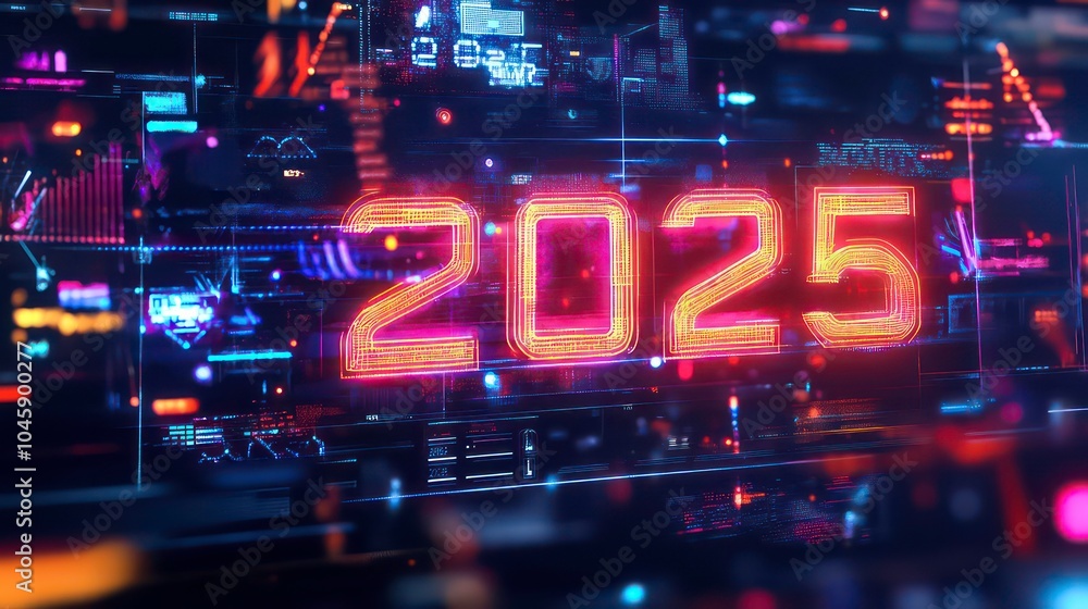 Aufkleber a digital rendering of the year 2025 in neon pink and orange lights against a background of colorful