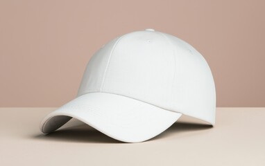 Fototapeta premium Stylish white baseball cap on a beige background, perfect for casual wear.