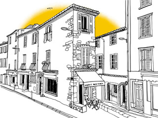 Old street of romantic Antibes, Provence, France. Nice European city. Urban landscape in hand drawn sketch style. Line art. Wall decor. Vector illustration. Illustrator Artwork
