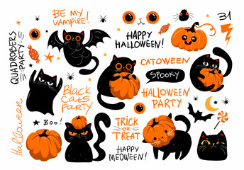 Set of halloween grumpy black cats, lettering and scarry kawaii punpkins. Set of halloweeen stickers, badges, scrapbooking elements. Happy halloween set. Halloween Quadrobers party