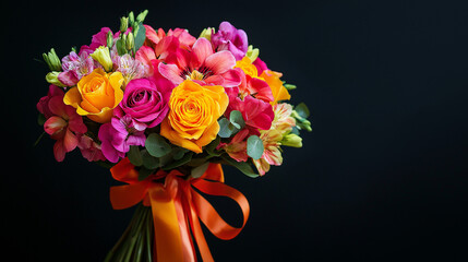 Obraz premium bouquet of flowers with ribbons isolated on black background