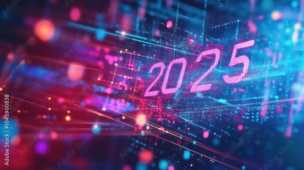 Aufkleber the year 2025 is displayed in a futuristic digital setting with glowing lines and particles.