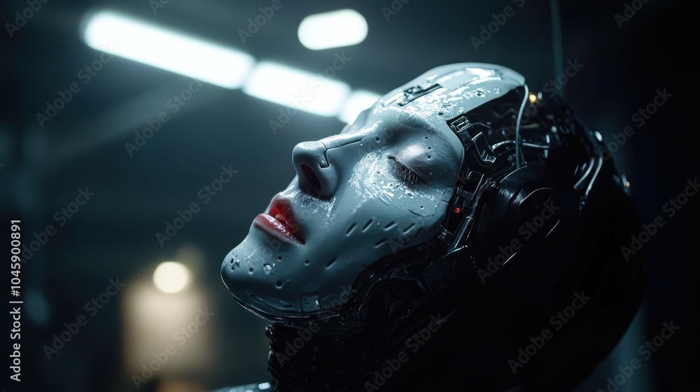 Poster a highly detailed and atmospheric image featuring a robotic head with human-like features, set in a 