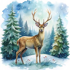 Christmas Deer with snow and tree
