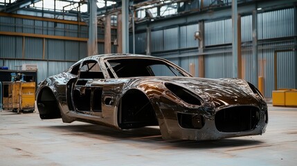 Obraz premium Partially assembled sports car in a factory, with its chassis and bodywork visible