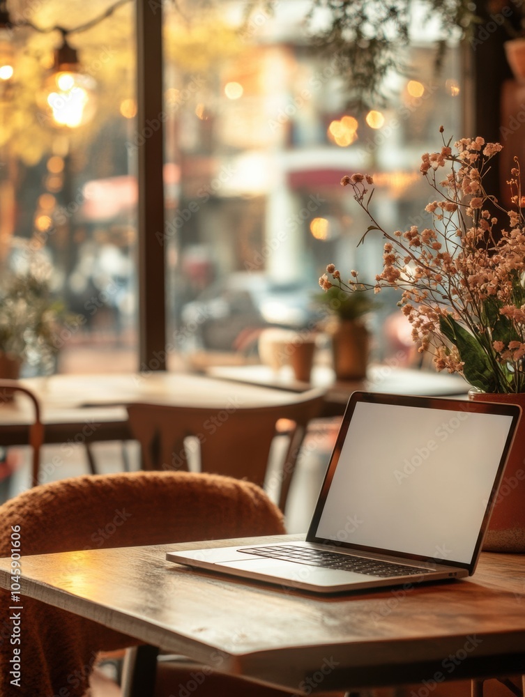 Aufkleber a laptop sits on a wooden table in a cozy café, illuminated by warm afternoon light with flowers in 