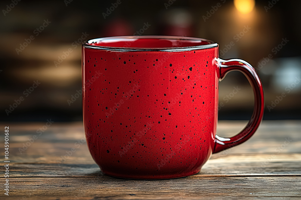 Poster red coffee mug with a white handle sits on a wooden table. the mug is empty and has a textured surfa