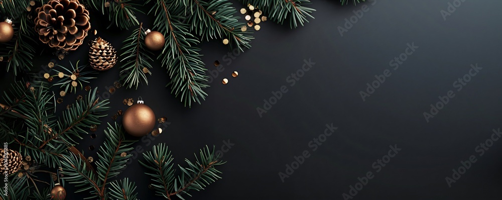 Wall mural fir tree branches frame on black background with golden decorations. christmas and new year celebrat