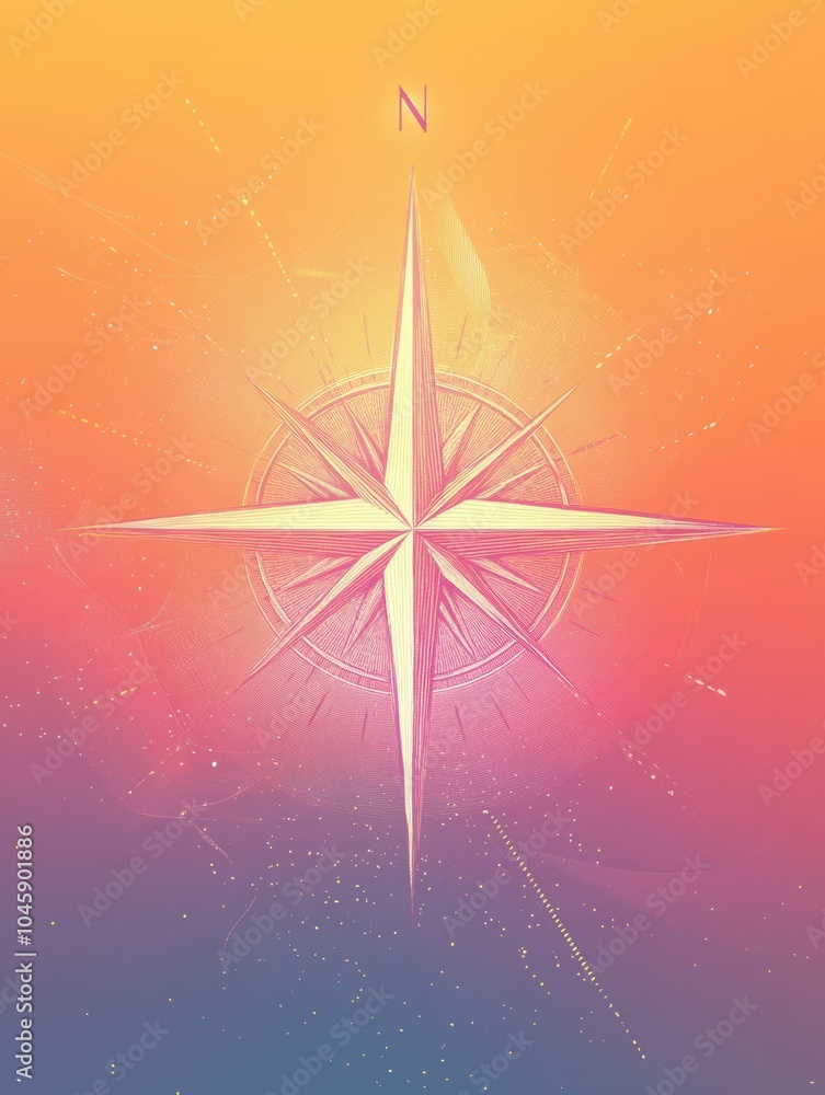 Poster a central compass rose design features sharp, clean lines set against a vibrant gradient background,