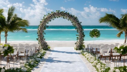 Fototapeta premium Romantic beachside wedding reception adorned with twinkling lights, creating a magical and elegant atmosphere.