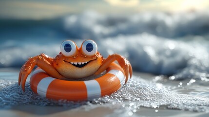 Obraz premium Cute 3D render of a crab with a lifebuoy, ready for a swim
