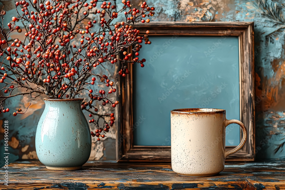 Poster white mug sits on a wooden table next to a blue vase with red berries. the vase and mug are the only