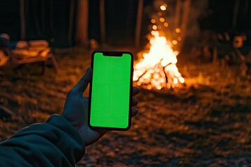Hand holding a phone with green screen in front of a glowing campfire at night