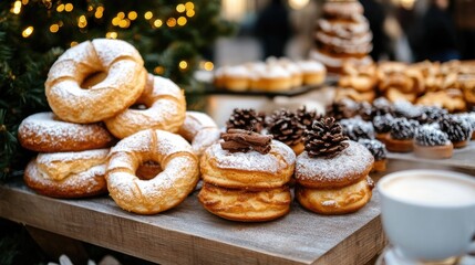 Enjoying hot cocoa and delicious pastries at a cozy Christmas market in the winter evening atmosphere with twinkling lights