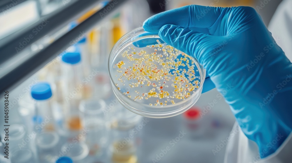 Poster A scientist in a laboratory studies vibrant microbial colonies growing in a petri dish, surrounded by various lab equipment. Generative AI