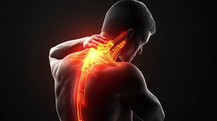 Human shoulder pain portrayed on a black background