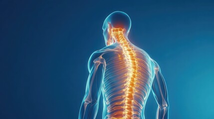 Anatomy a human back with pain in the spine isolated on a bright blue background