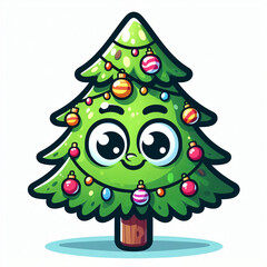 Funny smiling colorful cartoon Christmas tree with ornaments and decorations.