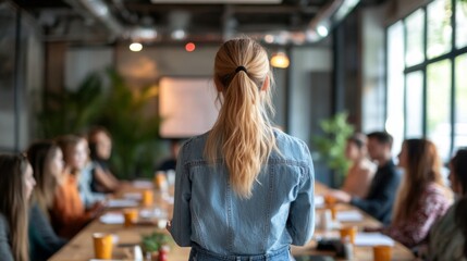 Woman presenting in a modern conference room, engaging a diverse team during a collaborative meeting with notes and coffee cups on the table.