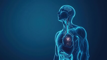 Anatomy a human body with heart pain isolated on bright blue background