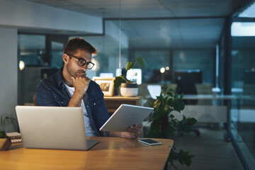 Office, thinking and man with tablet, laptop and business ideas for online project agency at night....